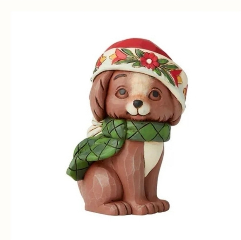 Jim Shore Holiday Dog Figurine with Red Hat and Green Scarf